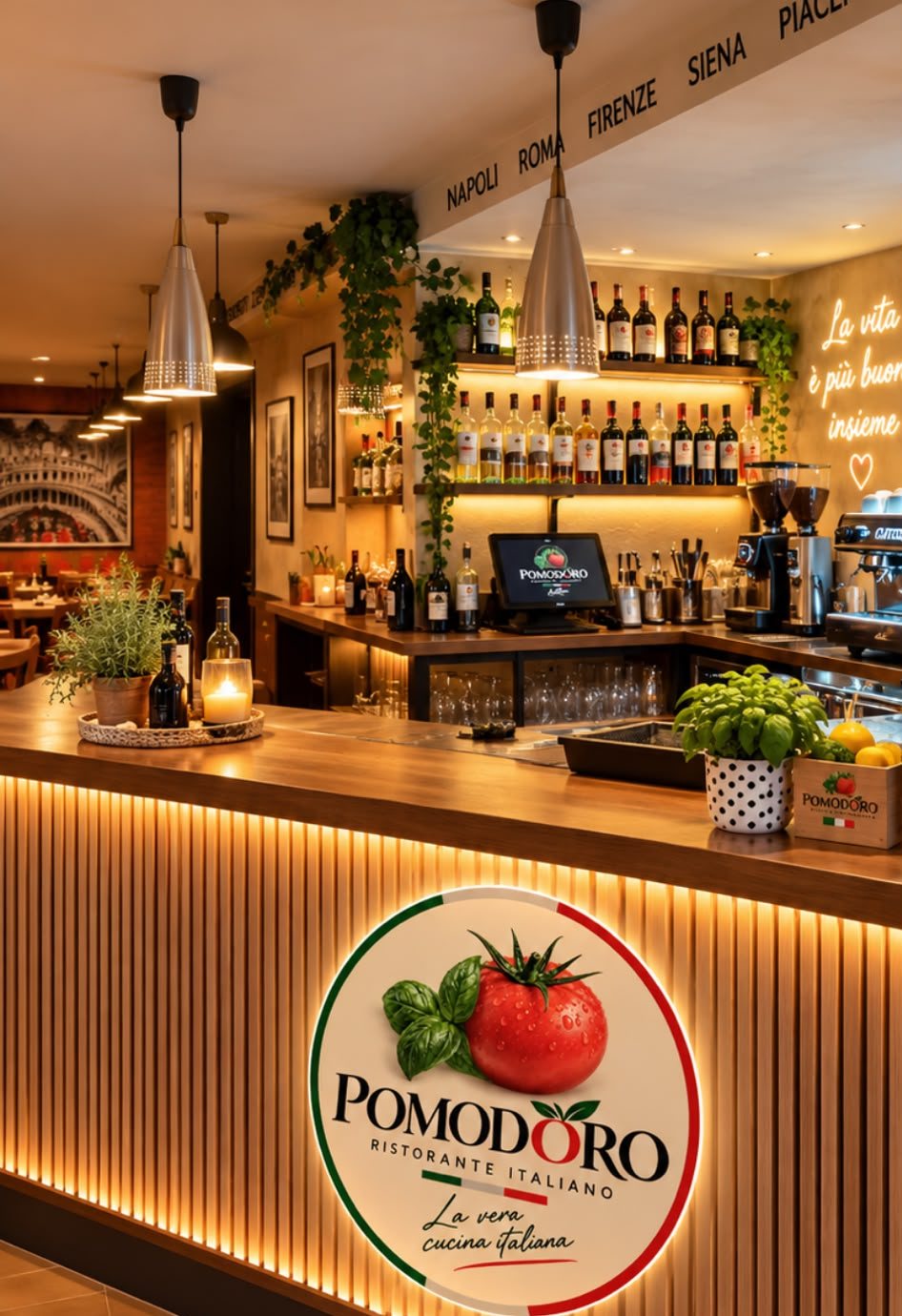 Barra del restaurante Pomodoro con el logo iluminado