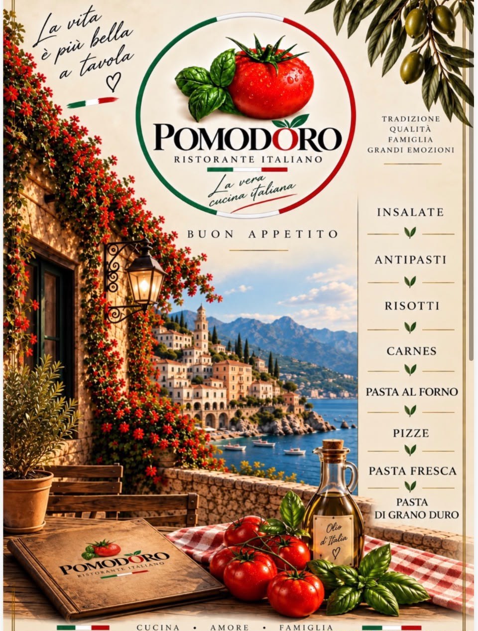 Portada de la carta de Pomodoro: terraza con vistas al mar, tomates y aceite de oliva